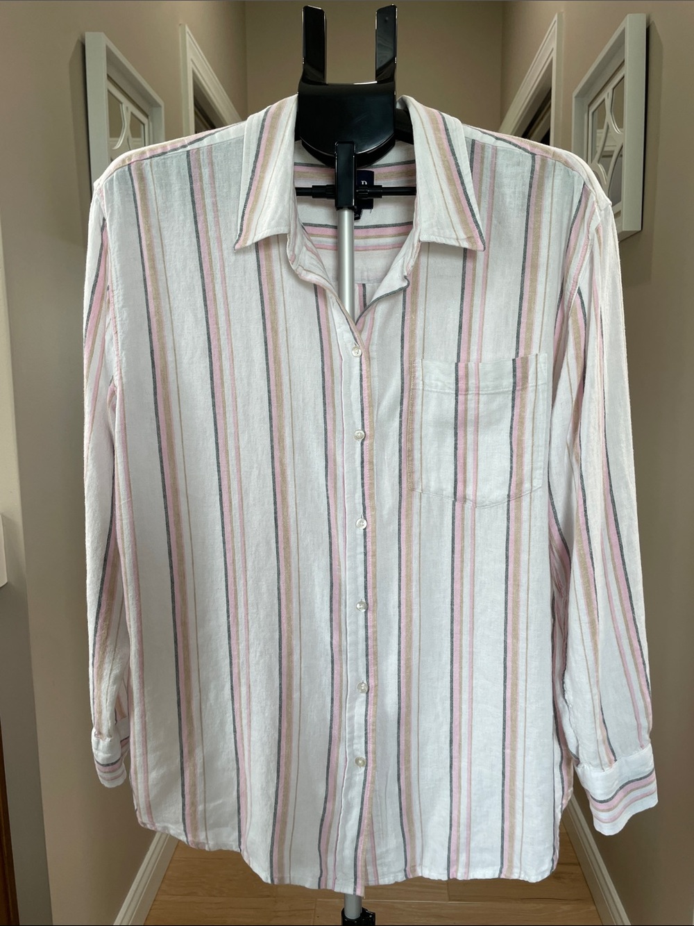 GAP Striped Button-Up Shirt in White with Pink & Tan Stripes